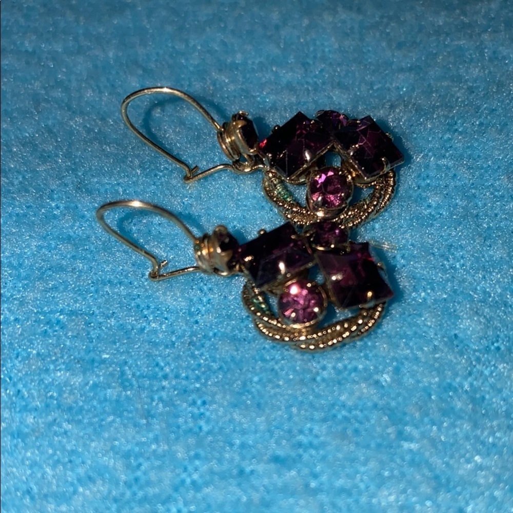 AMETHYST vintage rare antique faux cluster pierced wire earrings drop style gold